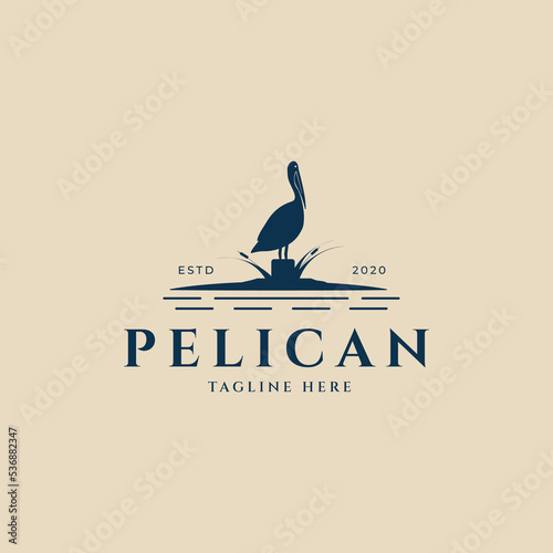 pelican bird vintage logo ,with cattail vector illustration design