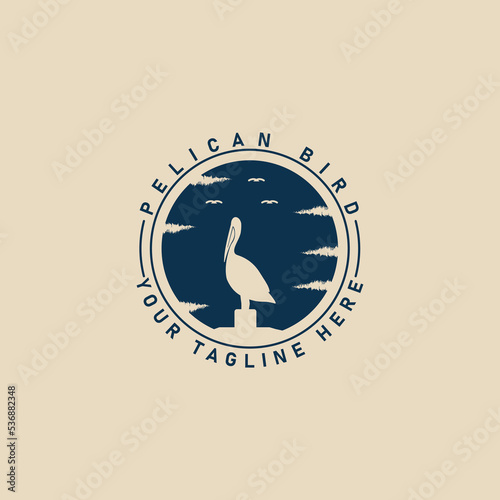 pelican bird vintage logo ,with emblem and sun vector illustration design