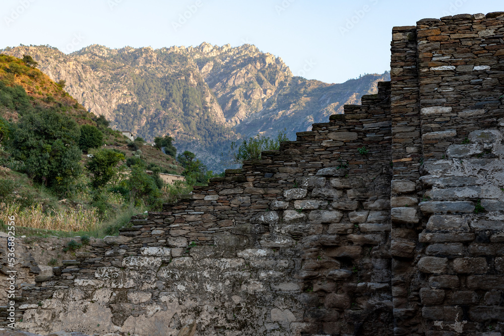 The main stairs of Amluk dara stupa. It is situated about 2km on the north of Nawagai village in the beautiful small valley of Amluk Dara, on the main road to Buner