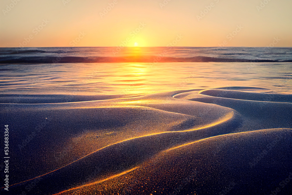 Sunset on the beach, Coast of the sea at colorful sunset, Beach sunset is a golden sunset sky with a wave rolling to shore as the sun sets over the ocean horizon, 3d illustration.