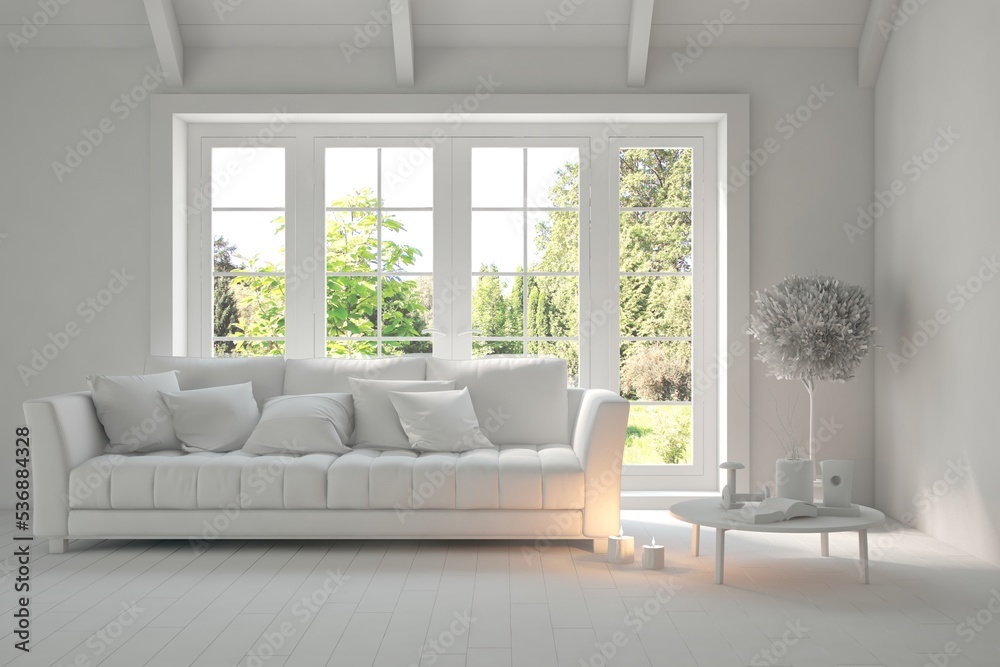 Fototapeta premium Mock up of stylish room in white color with sofa and green landscape in window. Scandinavian interior design. 3D illustration