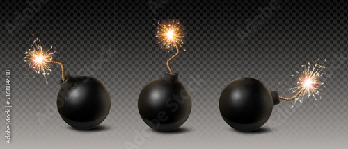 3d realistic vector icon set. Black round bombs with  burning fuse under different angles, isolated on transparent background.