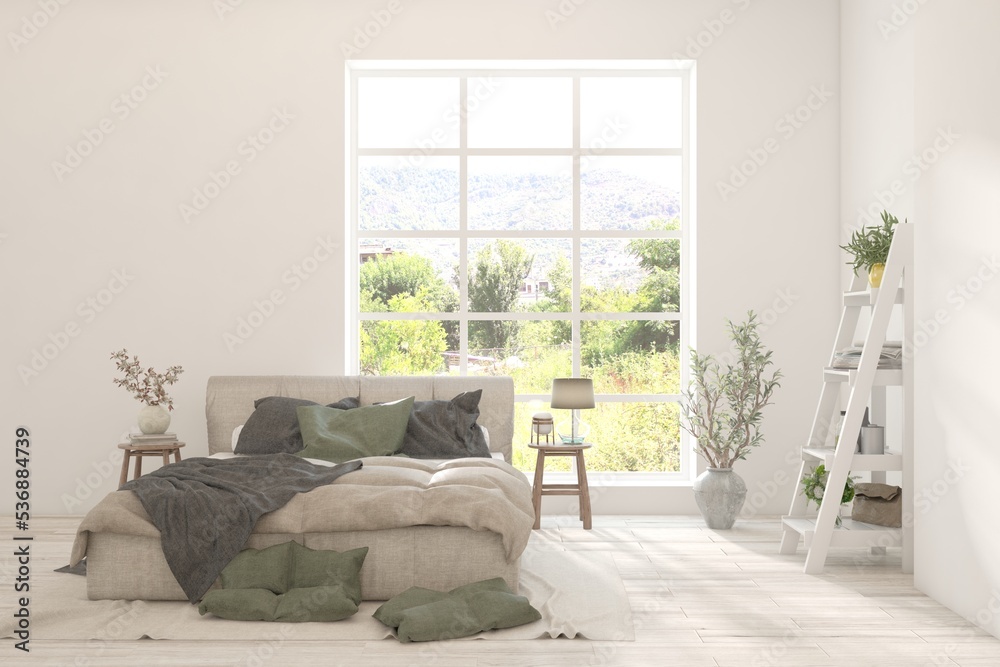 White bedroom interior. Scandinavian design. 3D illustration White bedroom interior. Scandinavian design. 3D illustration
