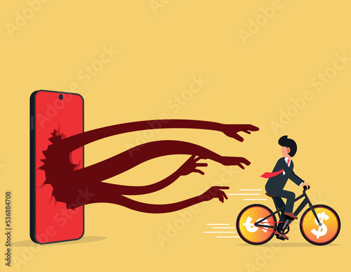 Dangers of mobile phones and social media. Businessman riding a bicycle get away from the phone.