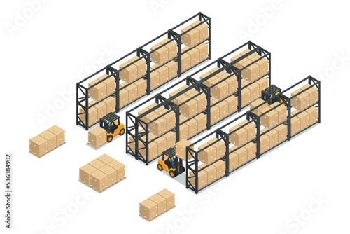 Isometric warehouse with rack or metal Storage Shelves, boxes on pallet transported by forklift. Safety in handling a fork lift truck. Industrial logistics of storage and distribution of products