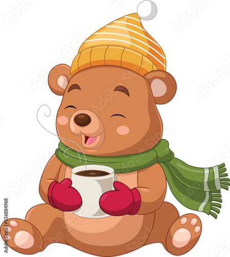 Cute bear cartoon wearing scarf and hat with hot coffee