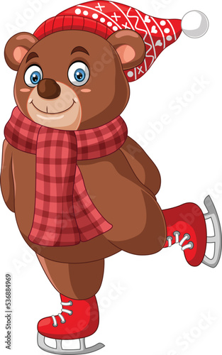 Cute bear cartoon wearing scarf and red hat on ice skating