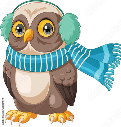 Cute owl cartoon wearing a scarf and fur headphones