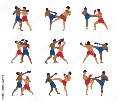 Thai boxing cartoon set, Two caucasian men exercising thai boxing, isolated on white background