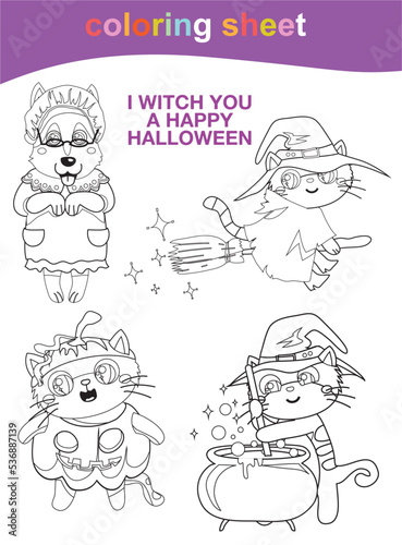 Coloring page for toddlers. Cute animal dress in Halloween costumes. Activity kit for kindergarten students. Cute Halloween illustration. Coloring Halloween worksheet page. Vector illustration file