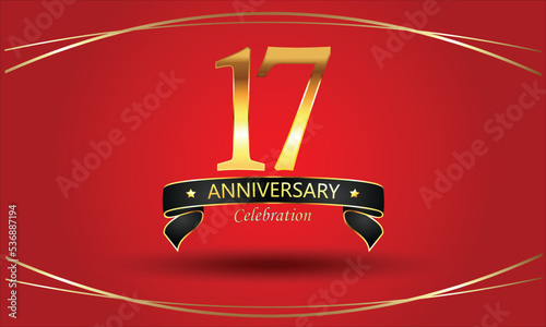 17th Anniversary Celebration with red background. 17 Year Golden anniversary banner. red anniversary celebration. Golden anniversary with ribbon