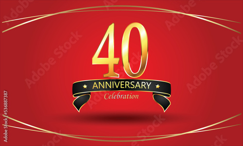 40th Anniversary Celebration with red background. 40 Year Golden anniversary banner. red anniversary celebration. Golden anniversary with ribbon