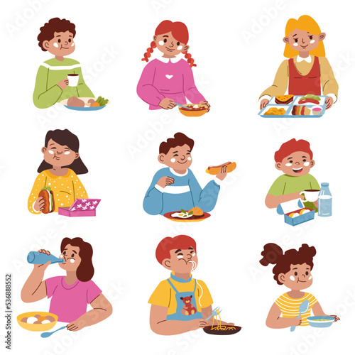 Children eating food in school or home lunches
