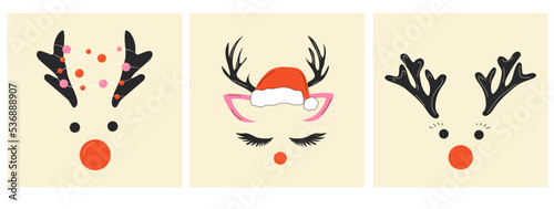 Set of three faces of a cute Christmas deer with a garland.Vector in cartoon style. All elements are isolated