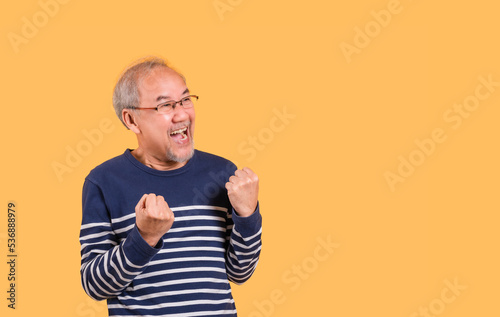 Yes! Portrait of Asian senior man wearing glasses standing raising his fists and excited facial expression isolated on yellow background.