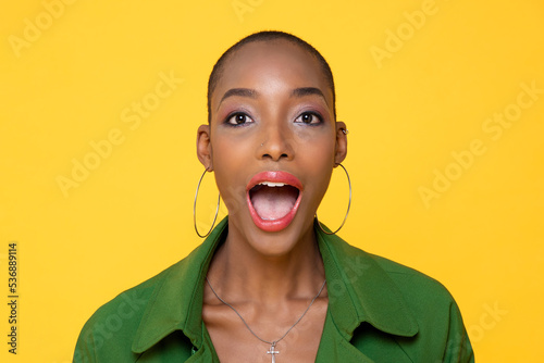 Fotografija Headshot portrait of fashionable African American woman gasping in studio yellow