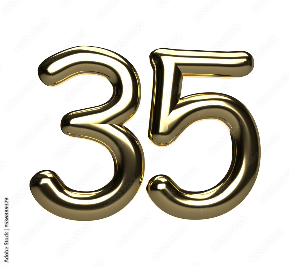 Isolated Gold Metallic Three Dimensional Alphabet 35 or Thirty Five. Golden 3D Render Illustration with White Background. Isolated Gold Metallic Three Dimensional Alphabet 35 or Thirty Five. Golden 3D Render Illustration with White Background.