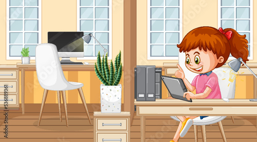 Little girl using tablet at home