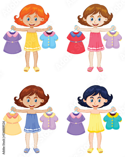 Set of girl picking up the cloth