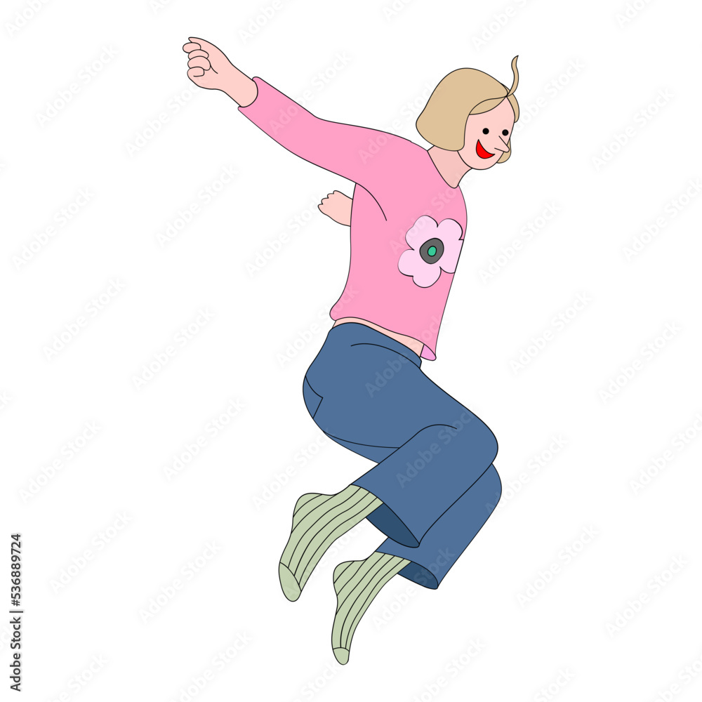 Woman jumping vector illustration in line filled design