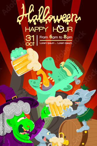halloween special party happy hour beer party drink party with witch goblin frankenstein happy cheers invitation poster information poster
