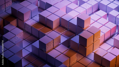 Violet and Orange, Glossy Cubes Precisely Aligned to create a Contemporary Tech Background. 3D Render. photo