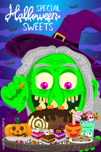 special halloween sweets candies cake confectionery from witch special kitchen pastries bakery factory information poster