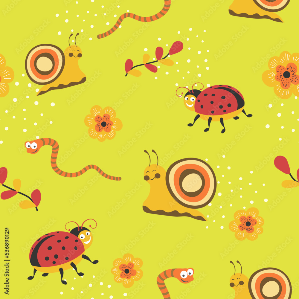 Insect seamless pattern, snail ladybug leaves Insect seamless pattern, snail ladybug leaves