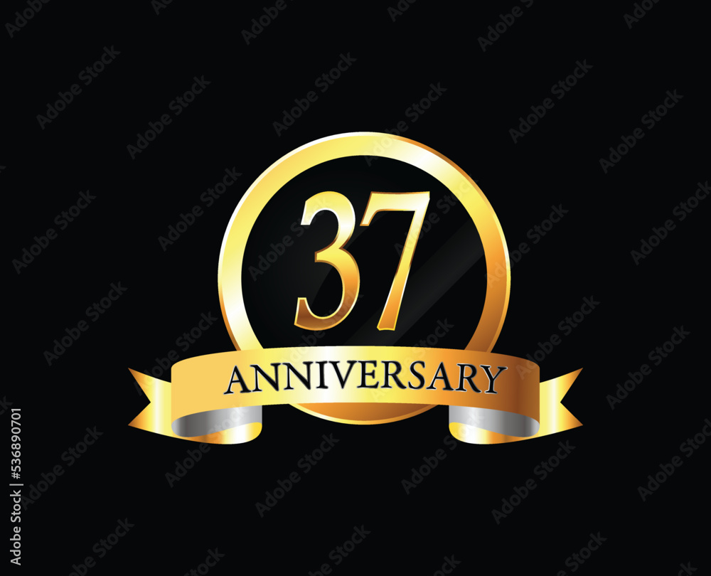 37th anniversary golden label. 37 year anniversary golden badge. Anniversary with golden ring and ribbon 37th anniversary golden label. 37 year anniversary golden badge. Anniversary with golden ring and ribbon