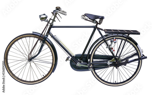 Vintage bicycle isolated on white background, Green Vintage bicycle on white background With clipping path. photo