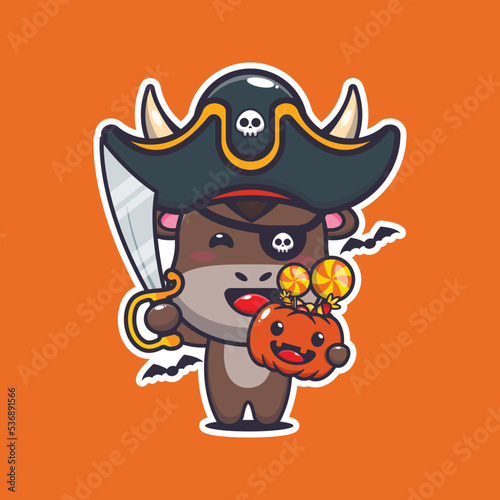 Pirates bull in halloween day. Cute halloween cartoon illustration.
