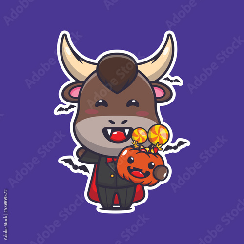 Vampire bull holding halloween pumpkin. Cute halloween cartoon illustration. 