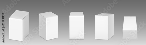 Realistic set of box mockups png isolated on gray background. Vector illustration of white cardboard package material for gifts, goods, mail shipment. Parcel templates with blank surface