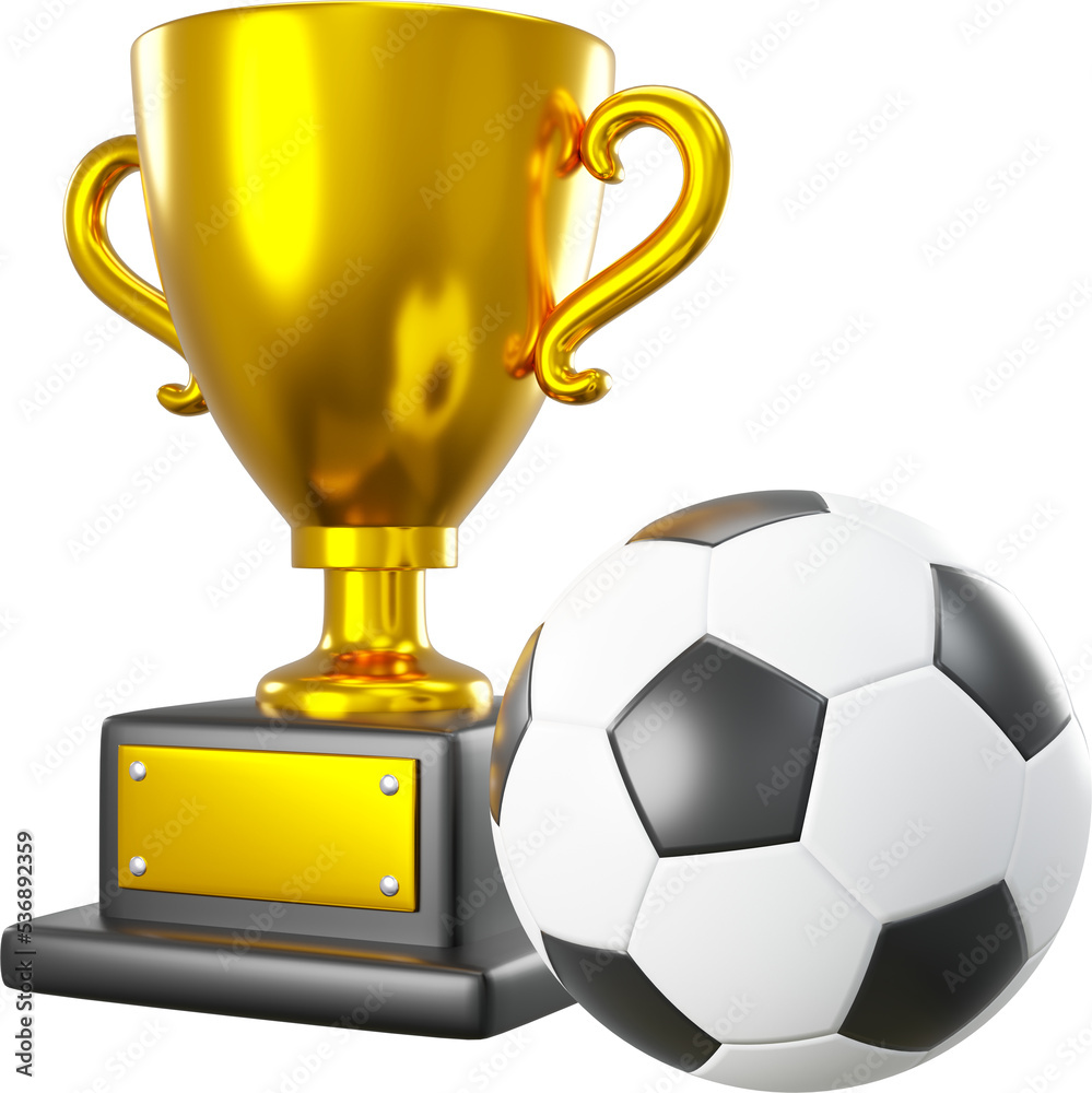 Gold trophy cup and soccer ball or football on white isolated background . 3D rendering . Gold trophy cup and soccer ball or football on white isolated background . 3D rendering .