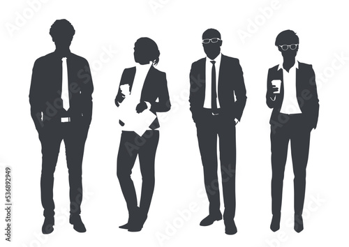 Business people group gray silhouettes pose on white background, flat line vector and illustration.