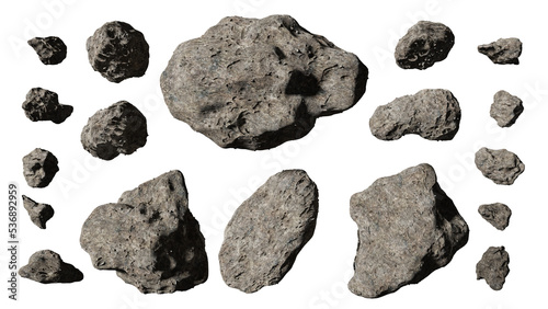 collection of asteroids, big and small space rocks, isolated photo