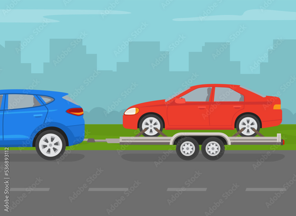 Driving a car. Towing an open car hauler trailer with red vehicle on it. Side view of a red sedan car on a city road. Flat vector illustration template.