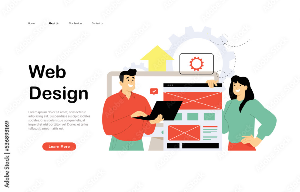 Web page design template for designing and programming vector illustration. Team working on mobile application, coding and prototyping web page. Web landing page design	