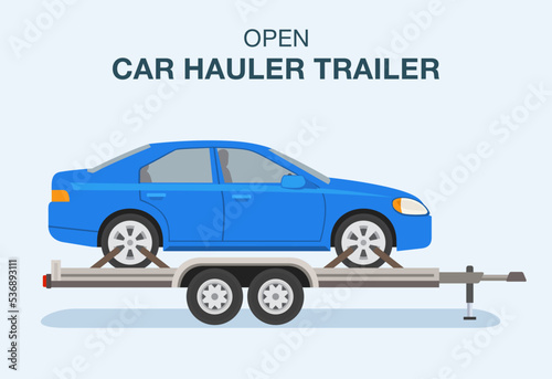 Isolated open car hauler trailer with vehicle on it. Side view of a blue sedan. Flat vector illustration template.
