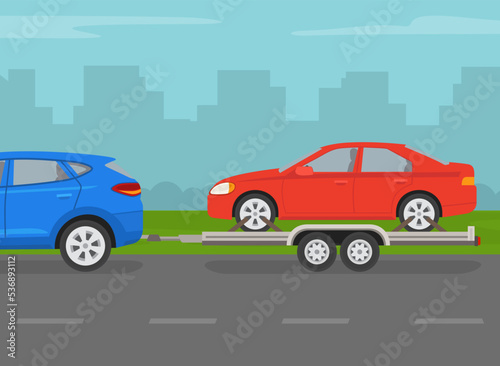Fototapeta Naklejka Na Ścianę i Meble -  Driving a car. Towing an open car hauler trailer with red vehicle on it. Side view of a red sedan car on a city road. Flat vector illustration template.