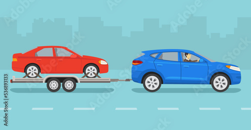 Driving a car. Towing an open car hauler trailer with vehicle on it. Side view of a red sedan and blue suv car on a city road. Flat vector illustration template.