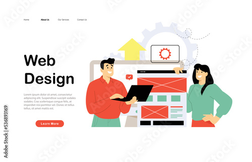 Web page design template for designing and programming vector illustration. Team working on mobile application, coding and prototyping web page. Web landing page design 