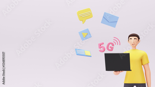 3D Render Of Young Man Using 5G Network In Laptop Against Beige Background For High Speed Network.