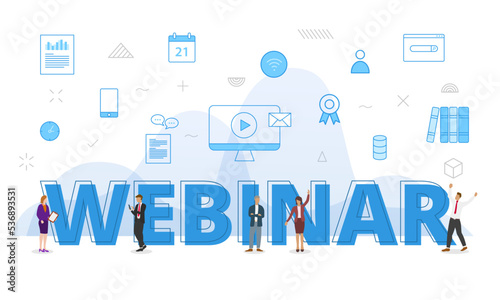 webinar concept with big words and people surrounded by related icon spreading with modern blue color style