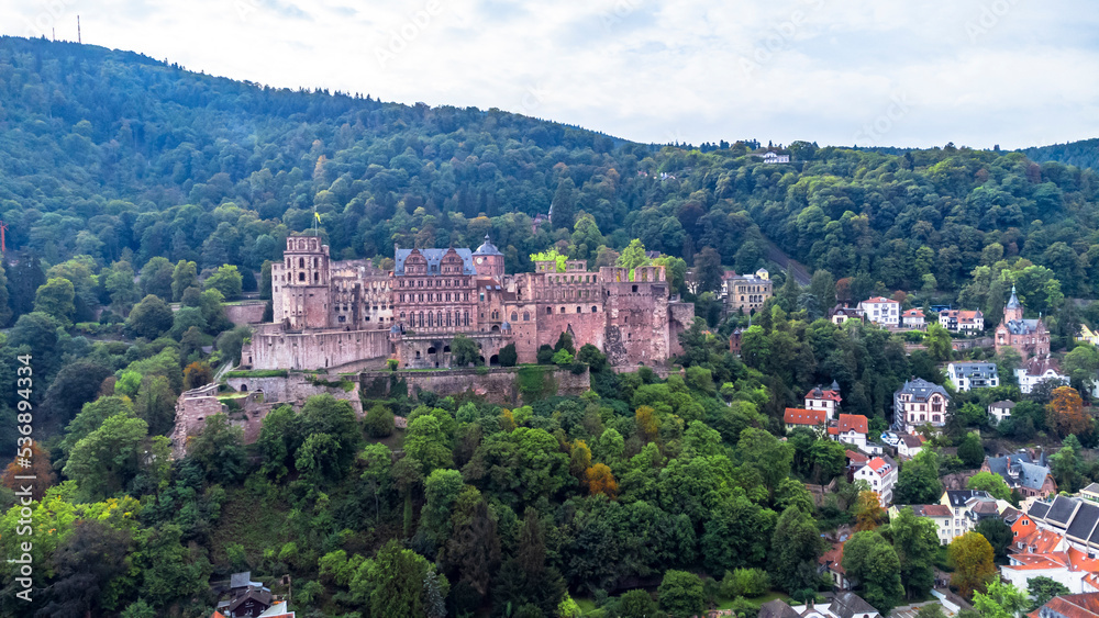 Aerial view over the famous city of Heidelberg Germany - Heidelberg castle - old bridge - old town Europe 
