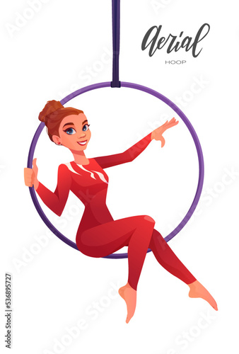 Woman gymnast in the aerial hoop. Aerialist dancer in circus. Invitation template to show or performance. Cartoon vector illustration.