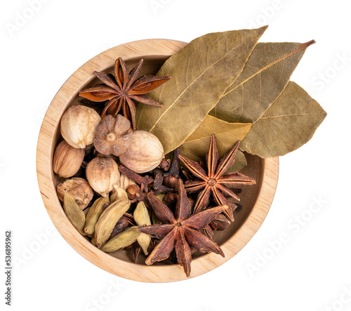 Fototapeta Naklejka Na Ścianę i Meble -  Spices and herbs ingredients for cooking Curry, Curry powder, clove, cardamom, cinnamon, caraway on white background PNG file.