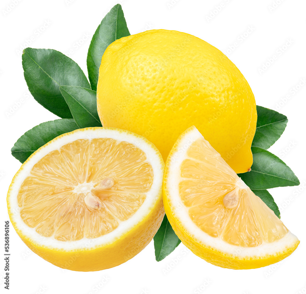 Yellow Lemon and slice on white background, Lemon Fruit with leaf on a white background PNG File.