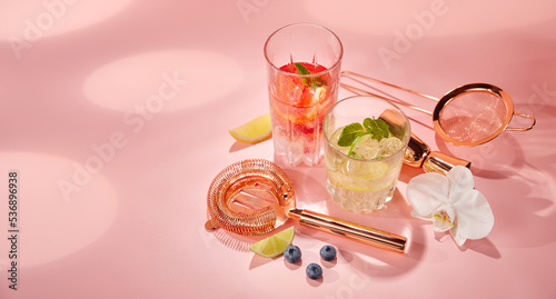 Cocktails and bartender tools composition