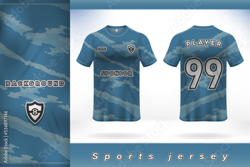 Blue sports jersey template design abstract concept watercolor brush strokes 